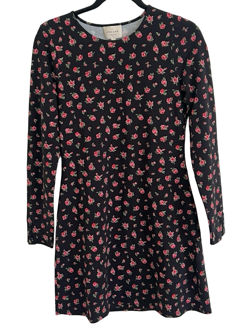 Sezane Divia Black Long Sleeve Floral Dress in Cadix Print NWT L